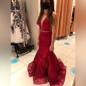 Sparkly red prom dress, size 4, worn once, comes with original protection bag.